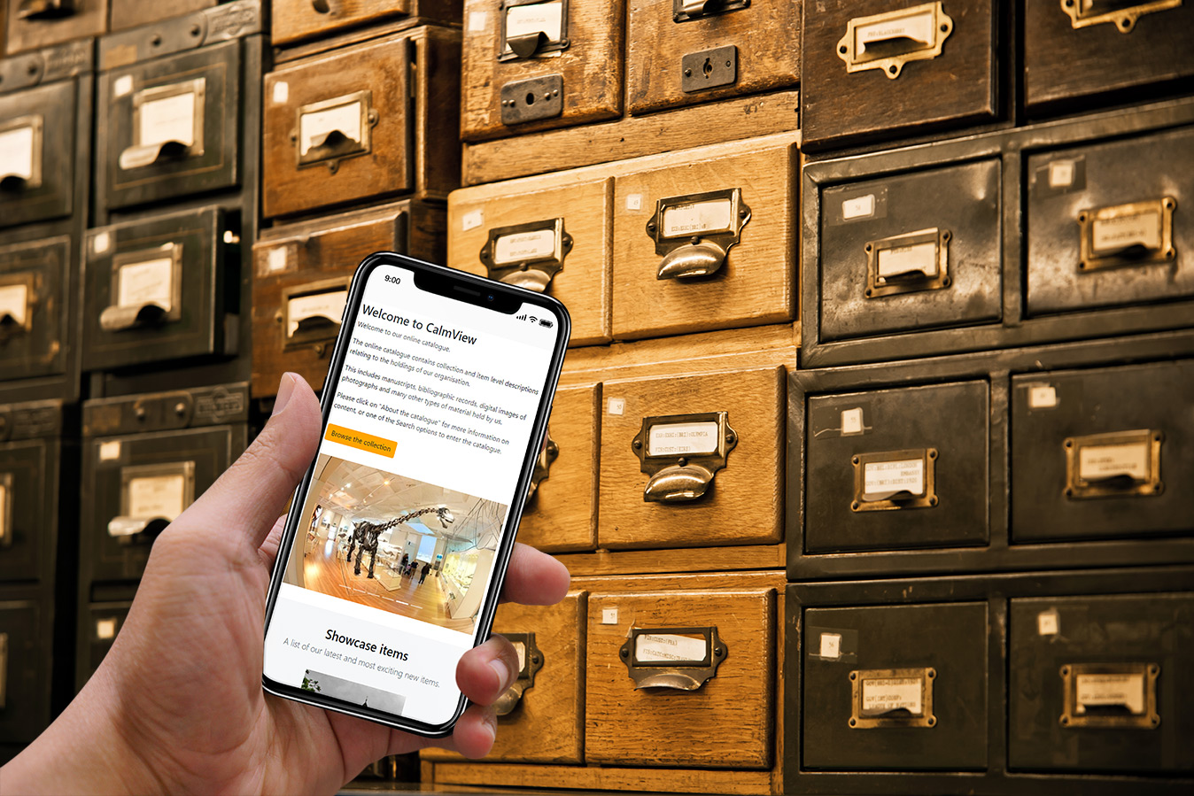 Calm view screen on phone in front of archive drawers