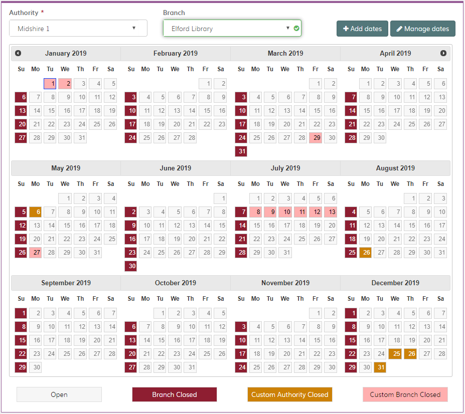 Axiell Spark Library management system Calendar